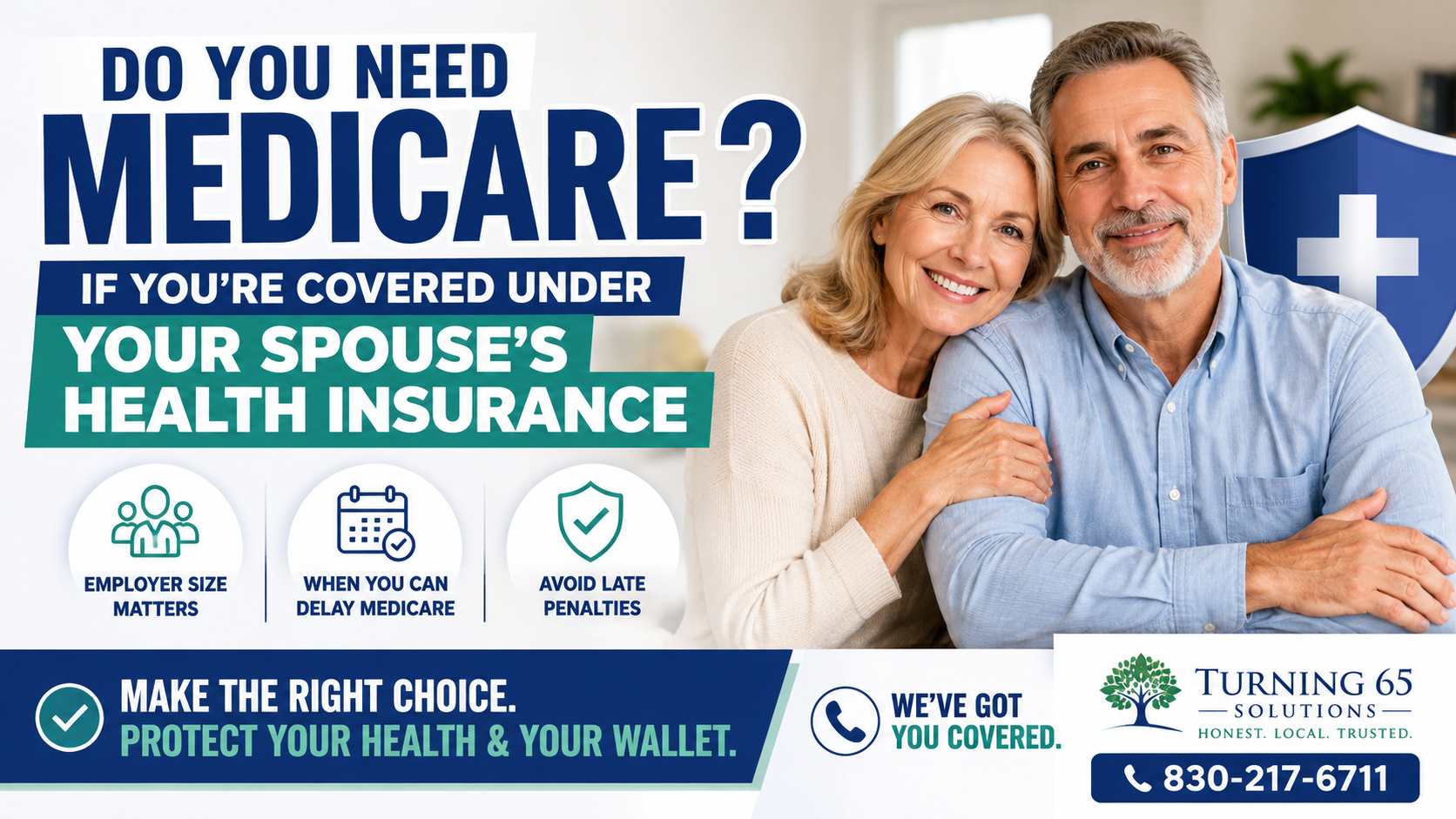 Senior couple reviewing Medicare options while covered under spouse’s employer health insurance, educational Medicare guidance from Turning 65 Solutions.