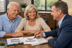 Medicare advisor helping a senior couple review Medicare Advantage Open Enrollment options in New Braunfels TX