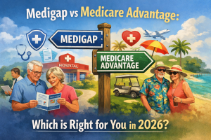 Medigap vs Medicare Advantage comparison for 2026 showing seniors choosing between supplemental coverage and all-in-one Medicare Advantage plans