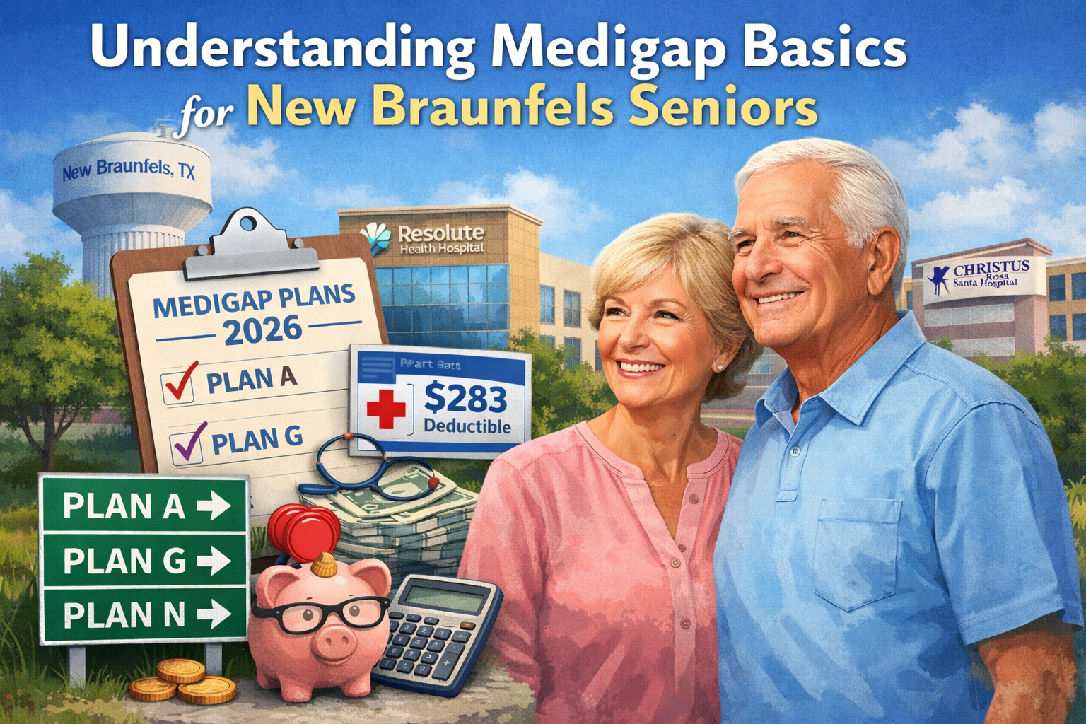 Smiling senior couple in New Braunfels reviewing Medigap Plans A, G, and N for 2026 with Resolute Health Hospital and CHRISTUS Santa Rosa Hospital in background