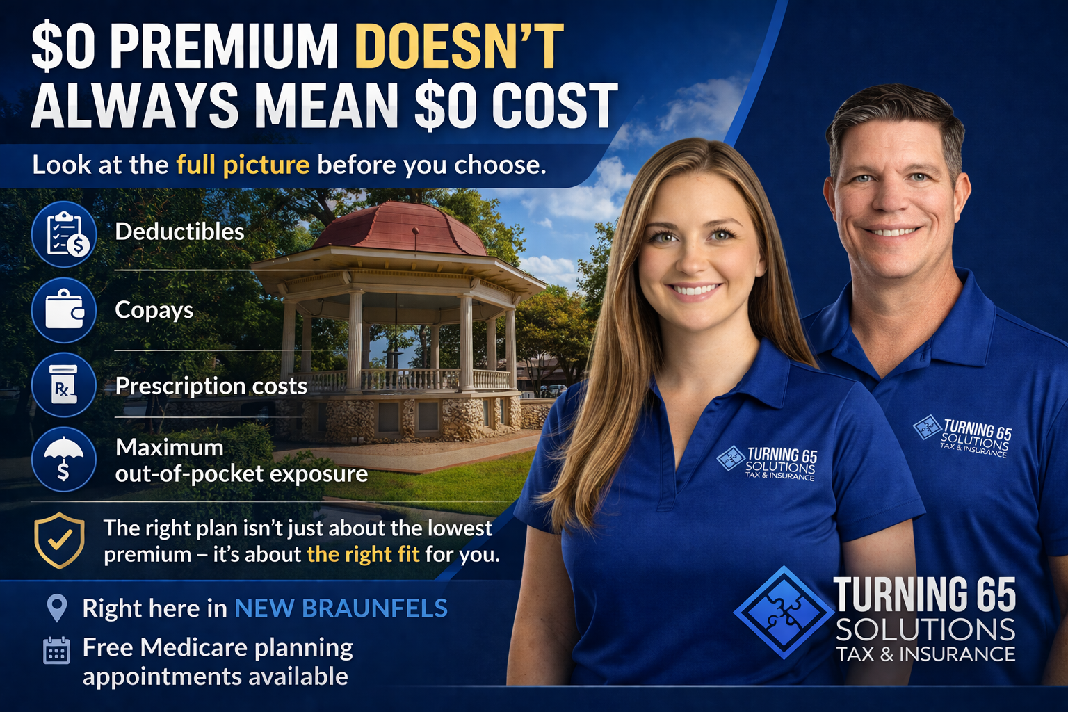 Local Medicare agents in New Braunfels explaining why $0 premium Medicare plans may still include deductibles, copays, prescription costs, and out-of-pocket expenses.