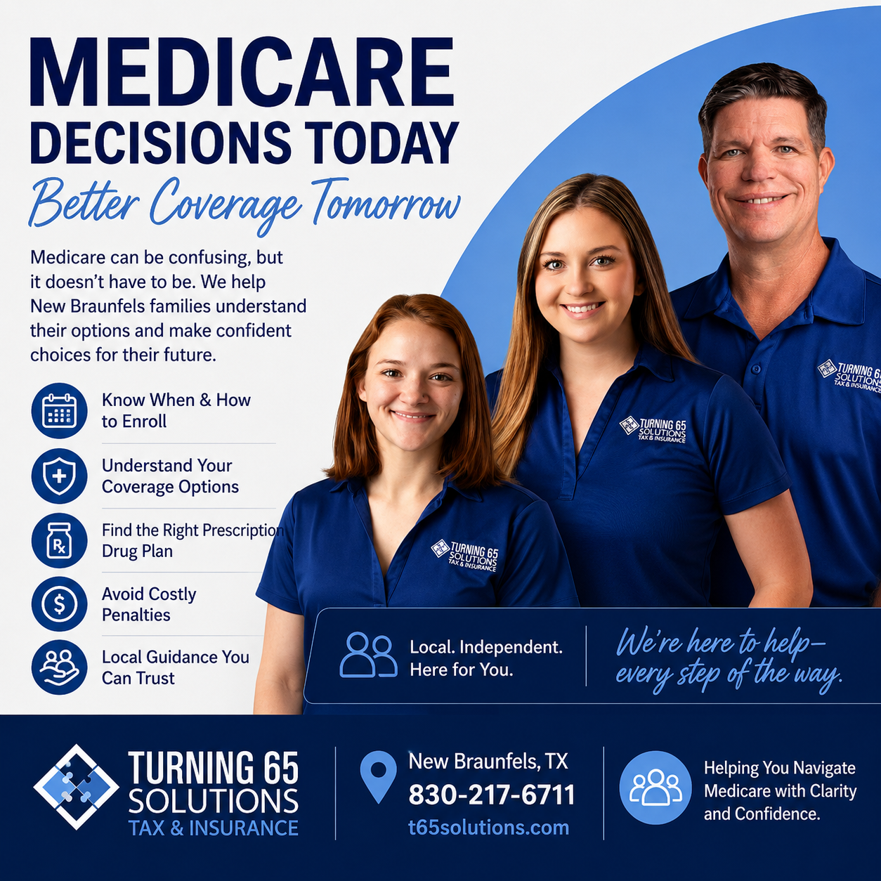 Turning 65 Solutions Medicare team helping seniors in New Braunfels Texas understand Medicare coverage options.
