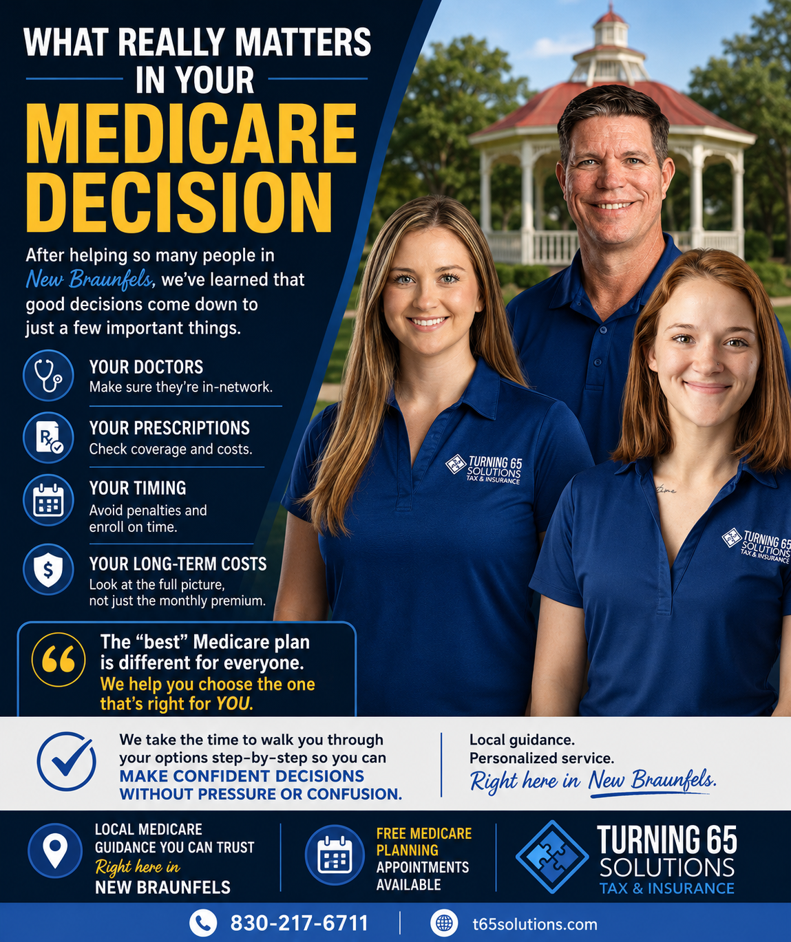 Turning 65 Solutions Medicare team in New Braunfels Texas explaining what really matters when choosing a Medicare plan, including doctors, prescriptions, timing, and long-term healthcare costs.