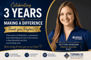 Peyton Hanigan, Medicare Specialist and Registered Social Security Analyst at Turning 65 Solutions, celebrating three years serving Medicare beneficiaries in New Braunfels, Texas.