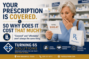 Senior woman surprised by a high prescription cost at a pharmacy, illustrating Medicare prescription drug costs and coverage.
